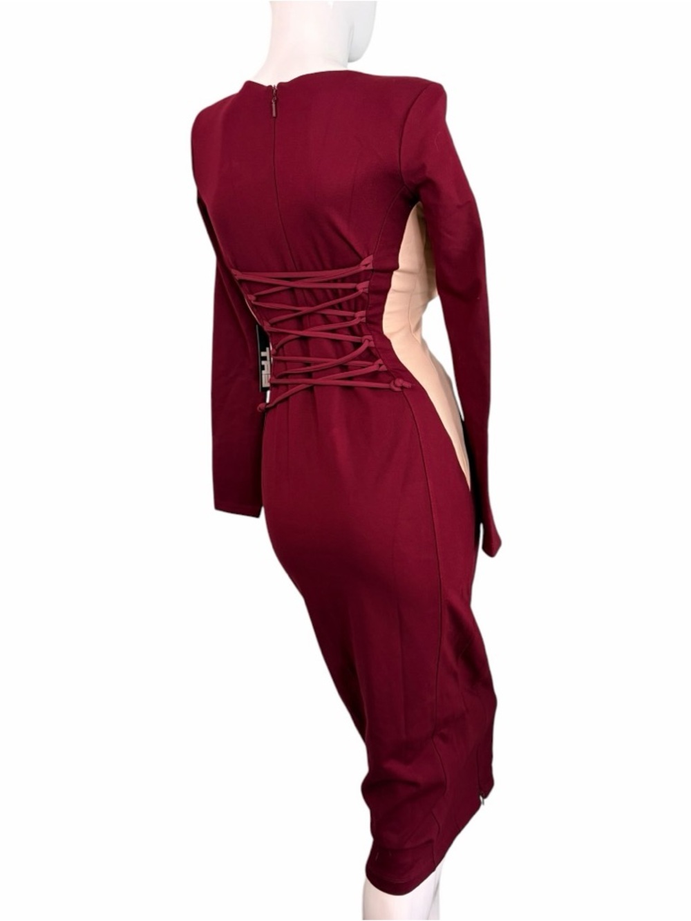TA3 Notchy Long Sleeve Midi Dress Bodycon Cutout illusions Deep Wine red NWT L - Picture 15 of 16